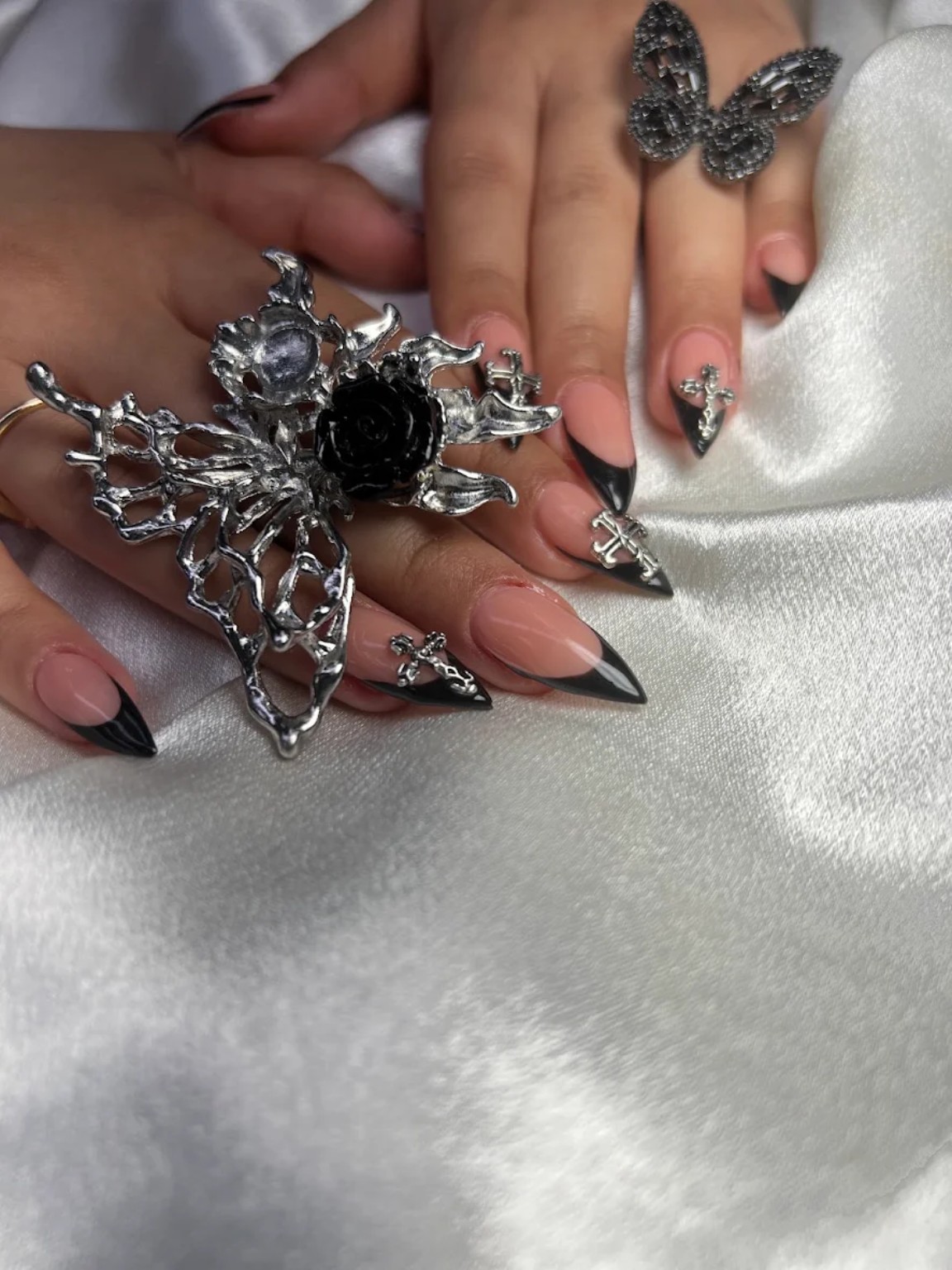 Gold crystal and 3D flower nails